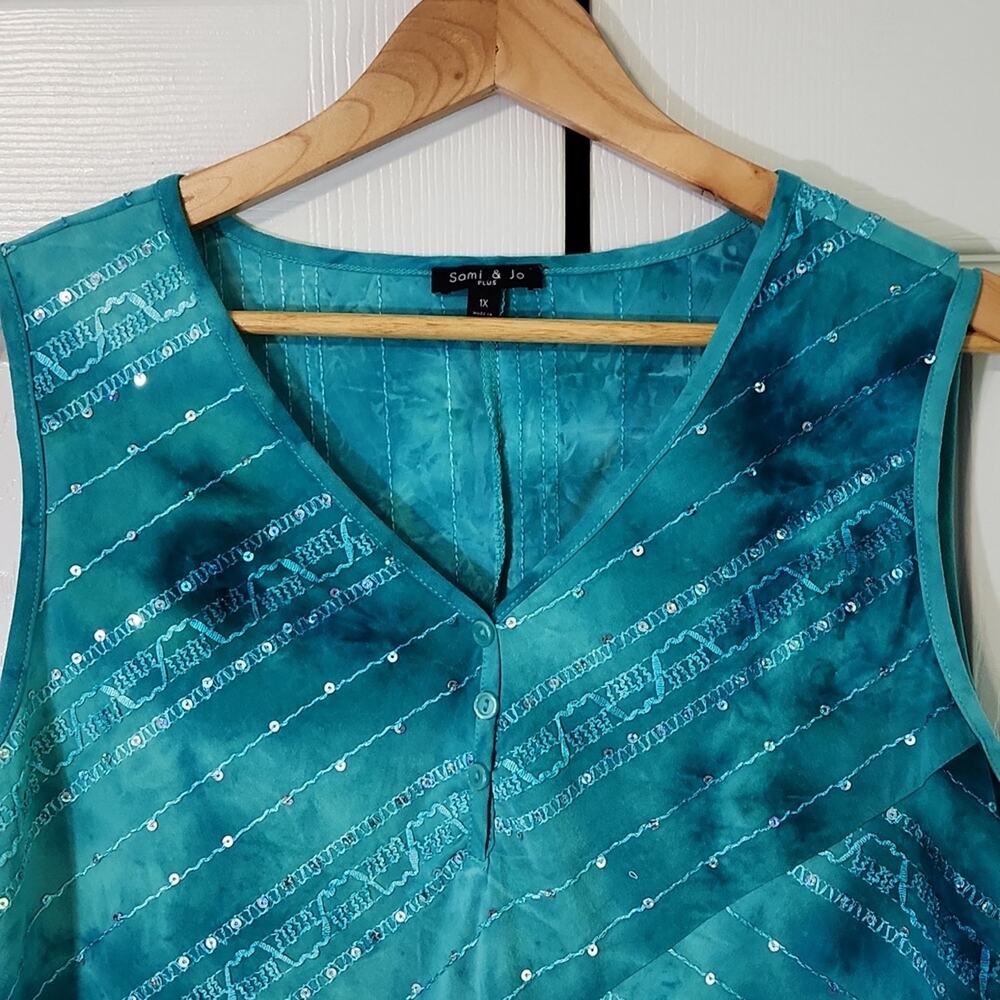 Sami & Jo Plus Blue Ombre Sequin Tank Top Size 1X Embroidered Back Slit Colorful - Picture 7 of 11